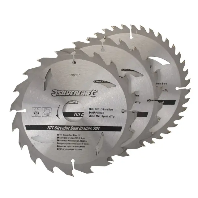 Komplet 3 tarczy TCT do pilarek tarczowych 20, 24, 40 zębów 180 x 30 - 20, 16 mm pierścienie - Silverline