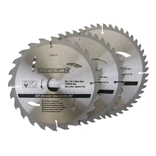 Komplet 3 tarczy TCT do pilarek tarczowych 24, 40, 48 zębów 205 x 30 - 25, 18, 16 mm pierścienie - Silverline