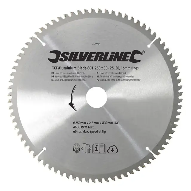 Tarcza TCT do cięcia metali nieżelaznych 80 zębów 250 x 30 - 25, 20, 16 mm pierścienie - Silverline