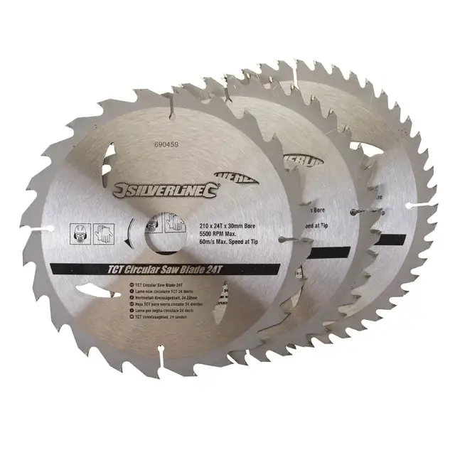 Komplet 3 tarczy TCT do pilarek tarczowych 24, 40, 48 zębów 210 x 30 - 25, 16 mm pierścienie - Silverline