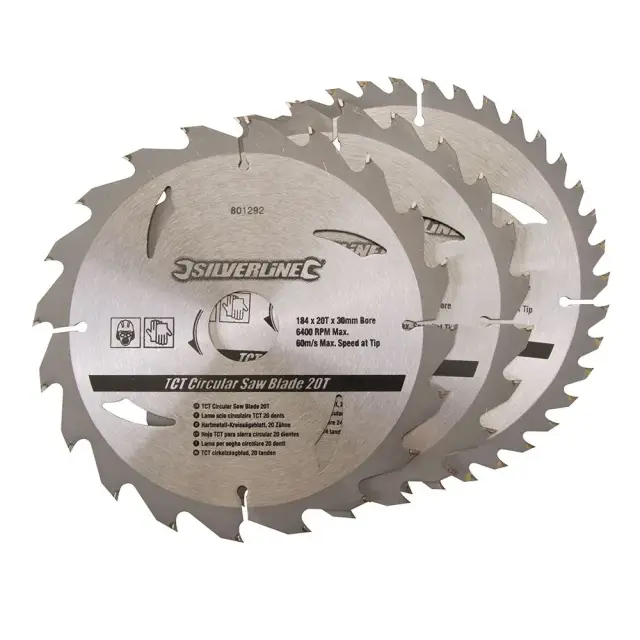 Komplet 3 tarczy TCT do pilarek tarczowych 20, 24, 40 zębów 184 x 30 - 20, 16 mm pierścienie - Silverline