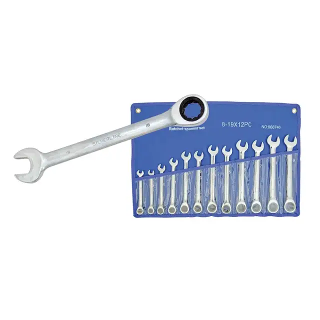 Zestaw stałych kluczy płasko-oczkowych z grzechotką, 12 szt. 8 - 19 mm - Silverline