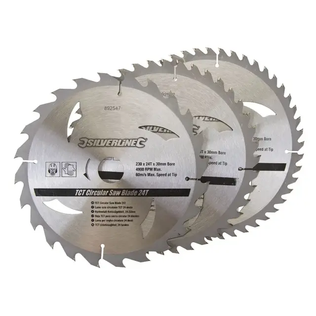 Komplet 3 tarczy TCT do pilarek tarczowych 24, 40, 48 zębów 230 x 30 - 25, 20, 16 mm pierścienie - Silverline